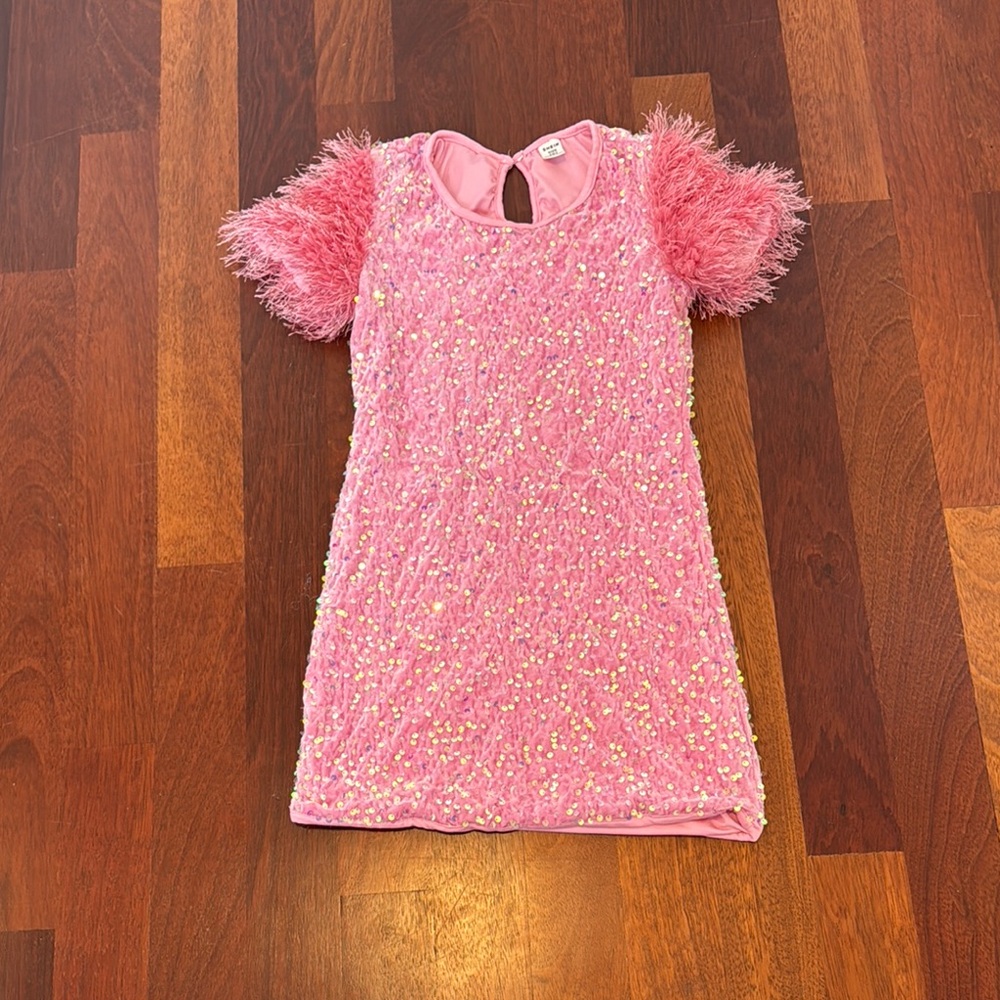 SHEIN Pink Sequin Fuzzy Sleeve Kids Dress